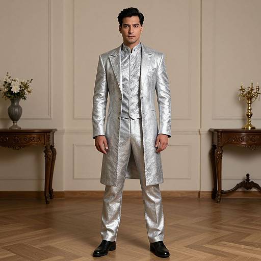 Man in Silver Coat Standing Indoors