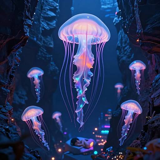 Bioluminescent Jellyfish Over Neon Canyon