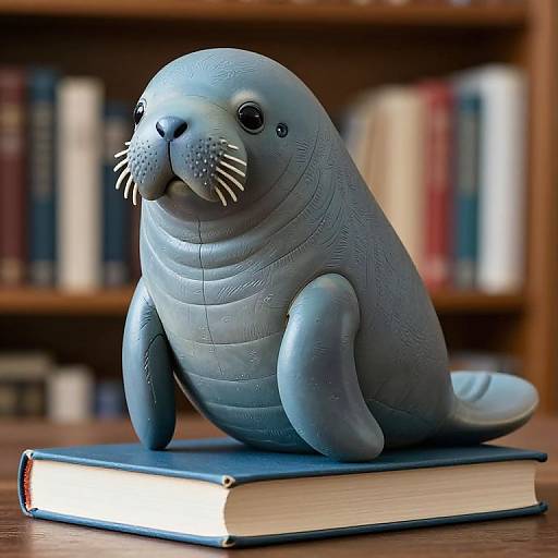 Photograph of a detailed, blue-gray, plush seal figurine sitting on a closed book, against a blurred bookshelf background.