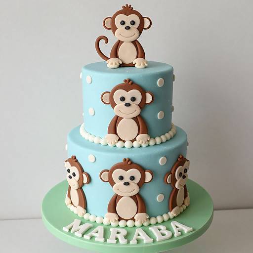 Photograph of a blue, two-tiered cake adorned with fondant monkeys, white polka dots, and 