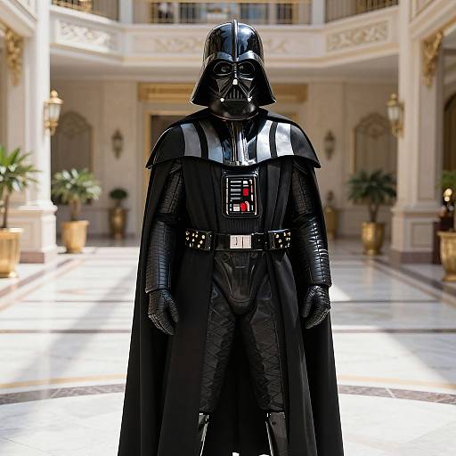 Photograph of Darth Vader in his iconic black armor and cloak standing in a grand, sunlit foyer with ornate columns and potted plants.