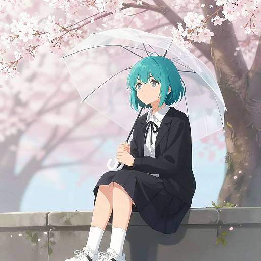 Anime-style digital drawing of a blue-haired girl in a black school uniform, holding a white umbrella, sitting on a stone ledge under cherry blossom trees.