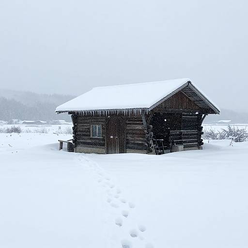 Photograph of a rustic, snow-covered wooden cabin with a snow-laden roof, standing alone in a winter landscape, surrounded by deep snow and fog