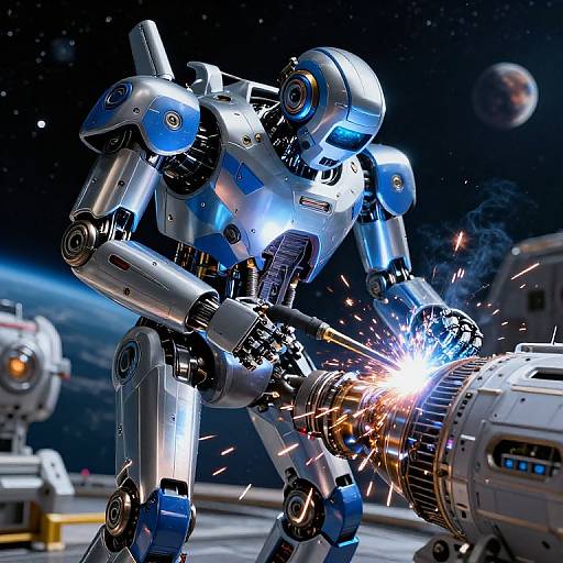 Digital CGI of a blue and silver robotic astronaut welding a spaceship with bright sparks in outer space, Earth and another planet visible in the background.