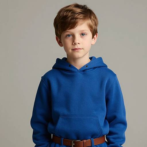 Photograph of a young boy with light skin, blue eyes, and brown hair, wearing a blue hoodie and brown belt, standing against a plain gray