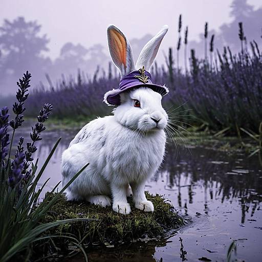 White Rabbit with Feathered Cap in Lavender Swamp