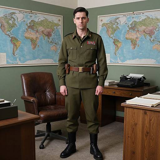 Photograph of a serious, dark-haired man in a military-style green uniform standing in an office with world maps on green walls.