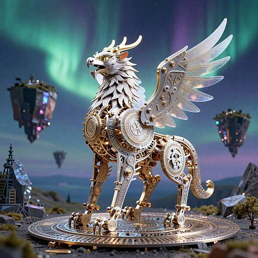 Clockwork Griffin Beneath Auroral Obsidian Skies