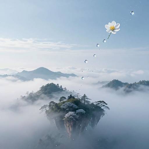 Photograph of misty mountain peak with trees, surrounded by clouds, featuring a floating white water lily with droplets above.