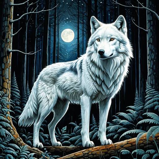 Magical Night Forest with a White Wolf Magical Night Forest with a White Wolf