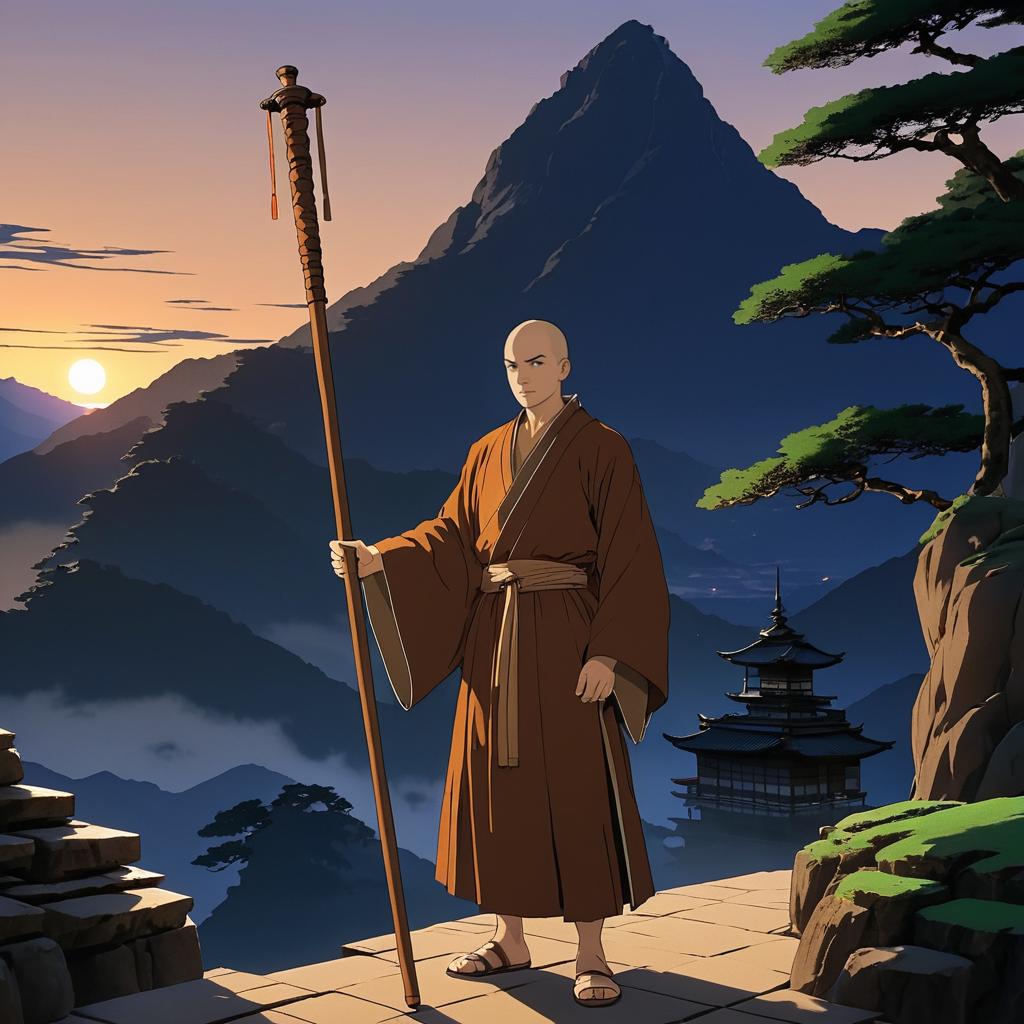 Stoic Monk in Serene Mountain Temple