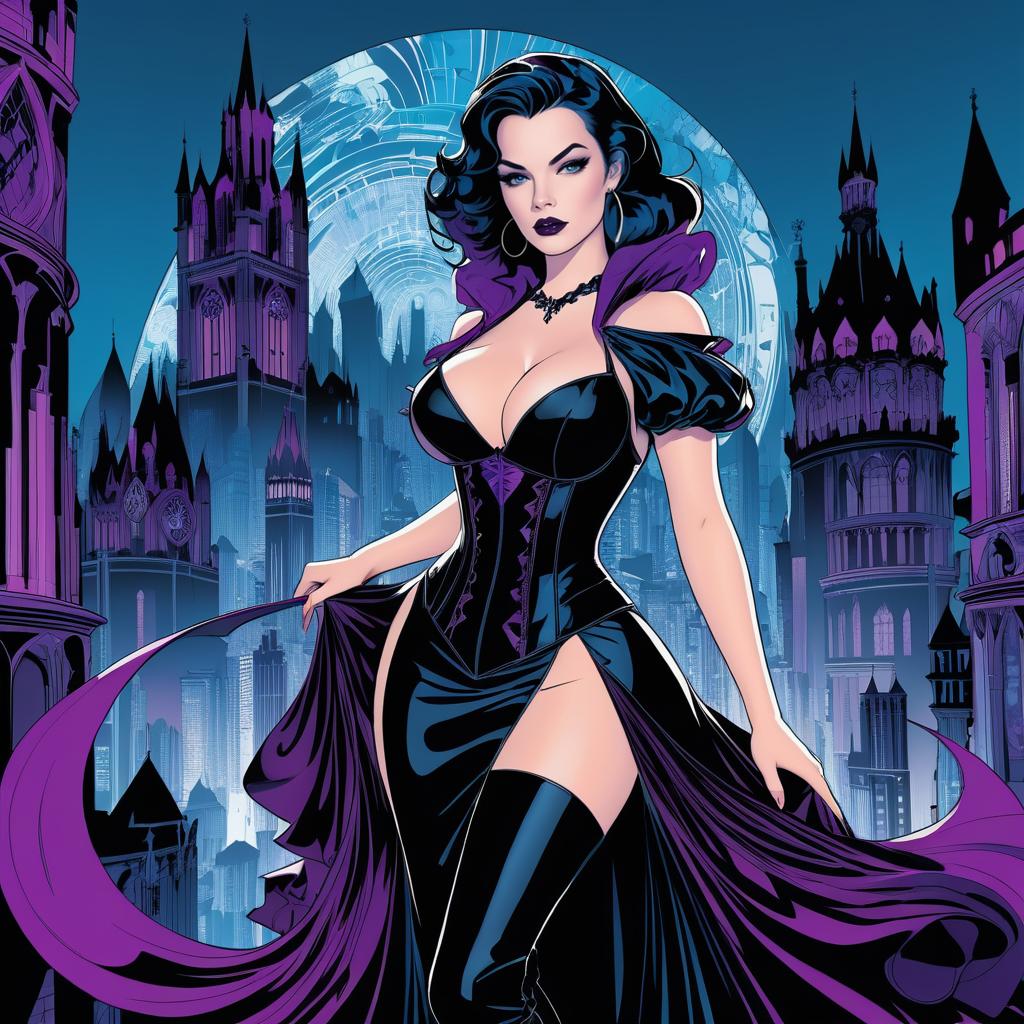 Gothic Female Character in Bold Cityscape