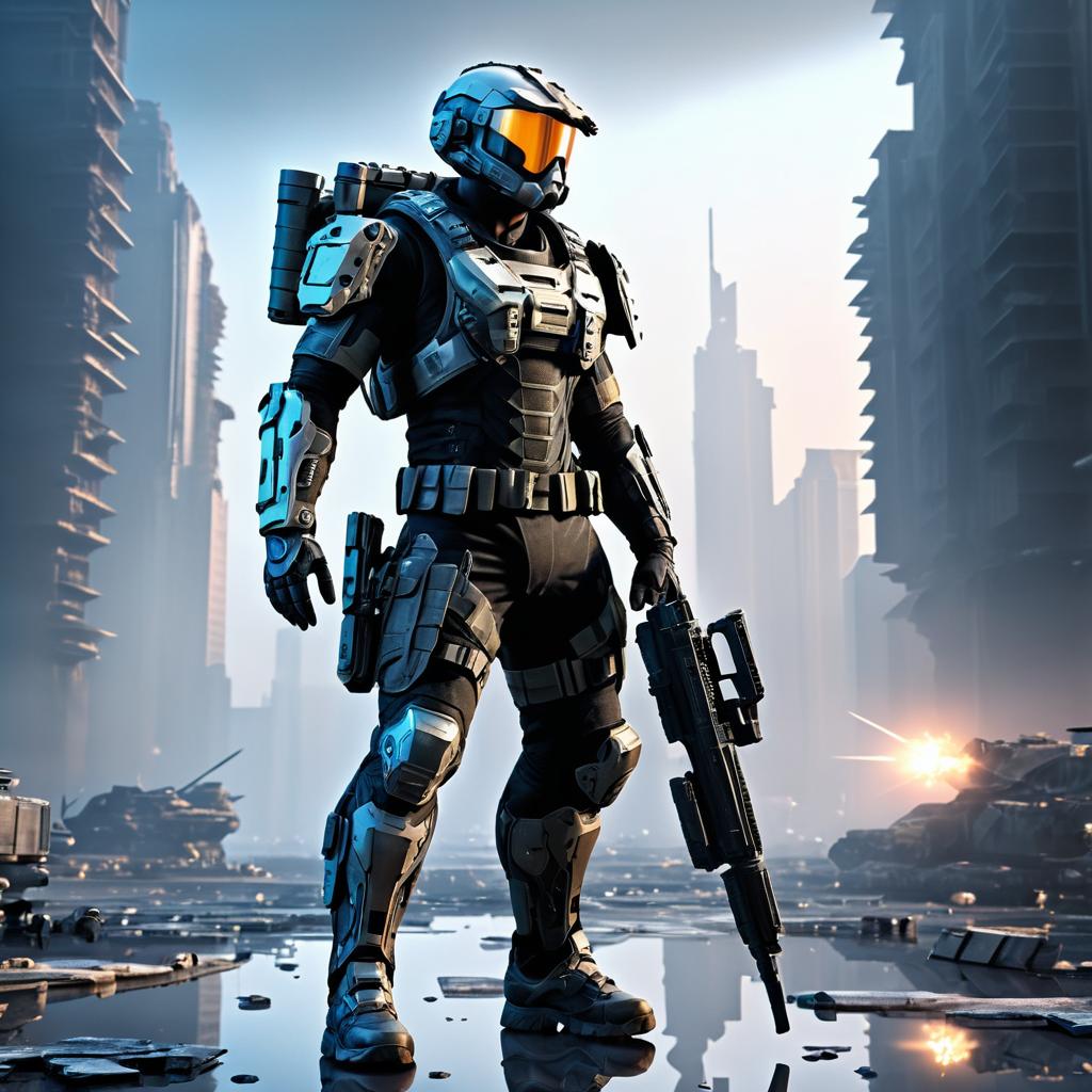 Futuristic Soldier in Post-Apocalyptic City