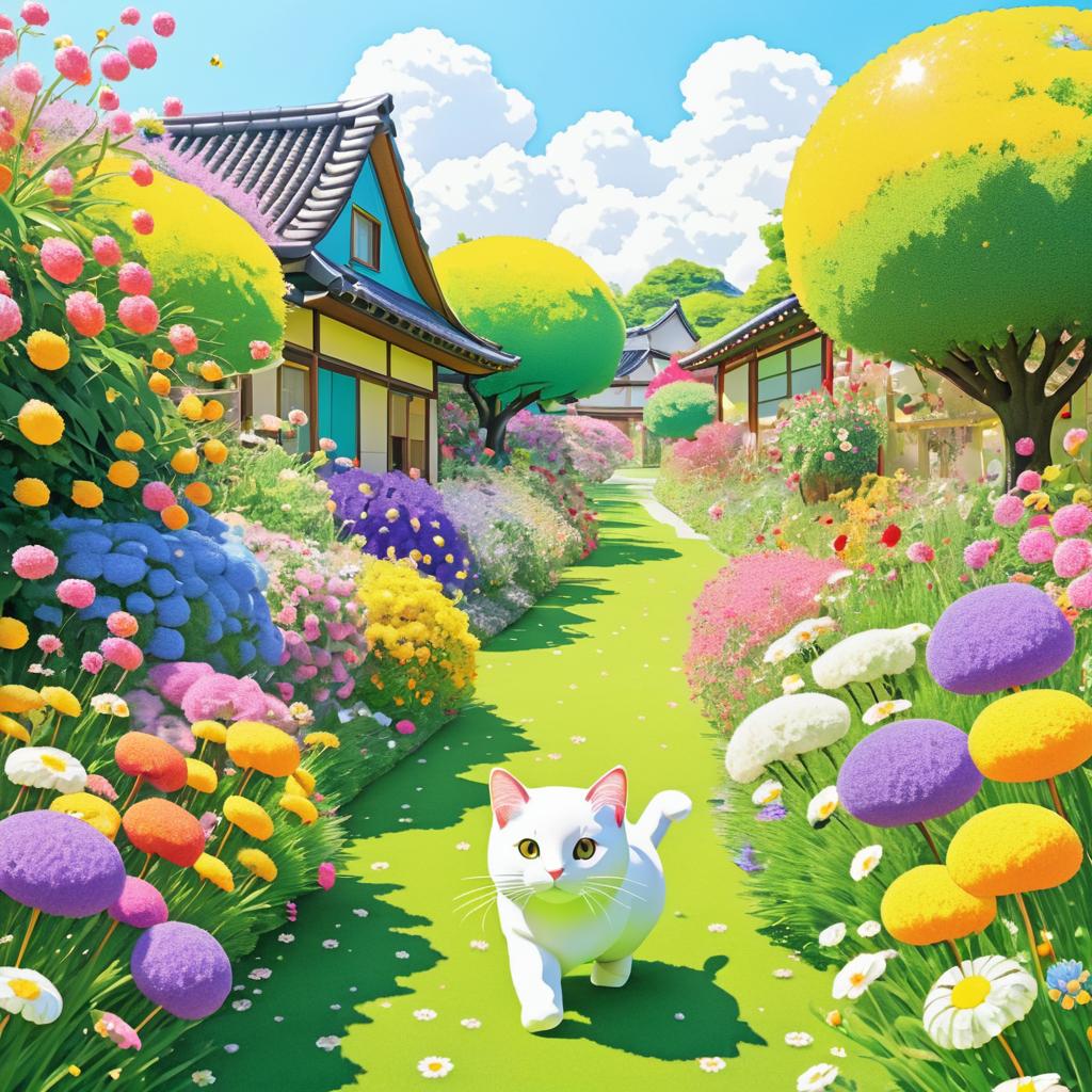 Whimsical Cat in a Colorful Garden