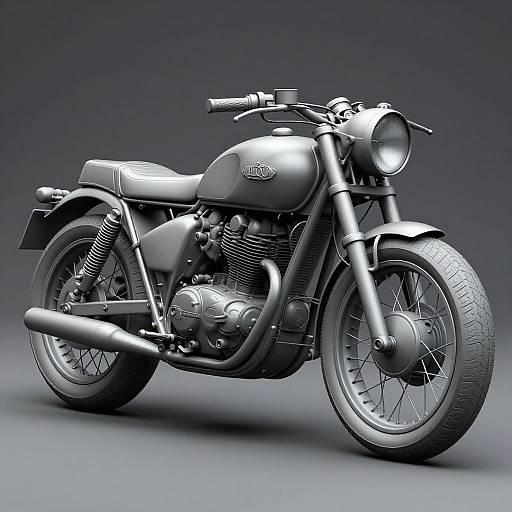 Monochromatic digital render of a vintage-style motorcycle with sleek black design, round headlight, exposed engine, and detailed tire treads.