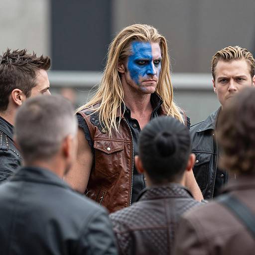 Man with Blue Face Paint and Leather Vest in Group