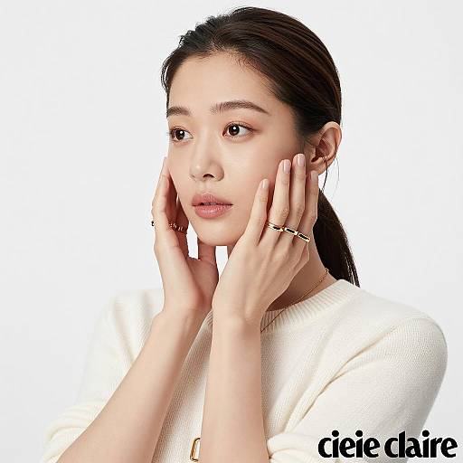 Asian Woman in White Sweater Touching Face