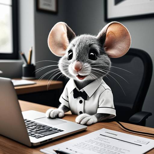 Cartoon Mouse at Work Desk with Laptop