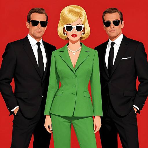 Digital art of a blonde woman in a green suit, pearl necklace, and white sunglasses flanked by two men in black suits, white shirts, and