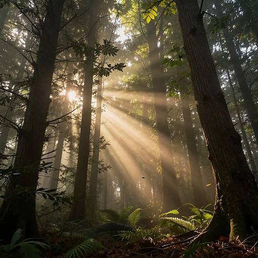 Photograph of a sunlit forest with rays of sunlight piercing through tall trees, illuminating green ferns on the forest floor.