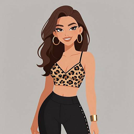 Digital illustration of a smiling woman with long brown hair, wearing a leopard print crop top, black high-waisted pants, large hoop earrings, and