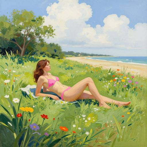 Digital painting of a brown-haired woman in a pink bikini, lounging on a blue towel in a sunny, flower-filled meadow with a beach and