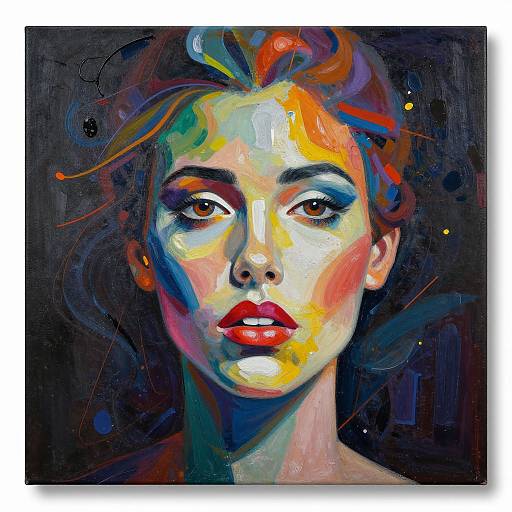 Vibrant, abstract portrait of a woman with colorful hair, red lips, and intense gaze, set against a dark, textured background. Digital painting