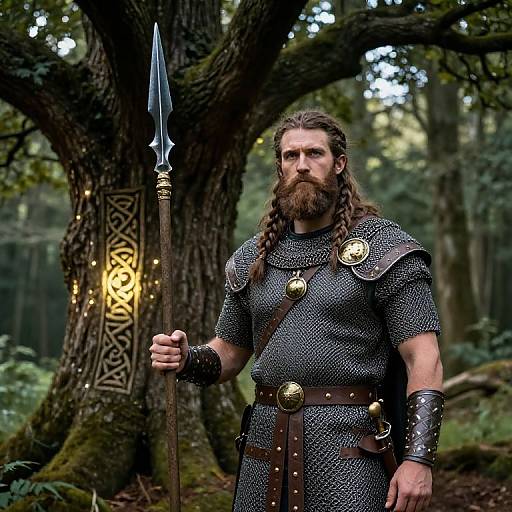 Photograph of a bearded, muscular Viking warrior with long braided hair, wearing chainmail armor, holding a spear, standing in a dense,