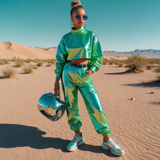 Woman in Futuristic Metallic Outfit in Desert