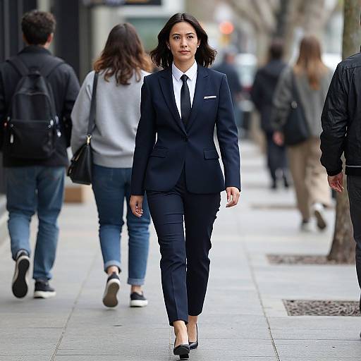Photograph of an Asian woman in a black suit and white shirt walking confidently on a city sidewalk, surrounded by blurred pedestrians.