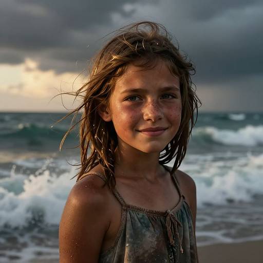 Photograph of a young girl with wet, windblown brown hair, wearing a wet, patterned tank top, smiling at the beach during a