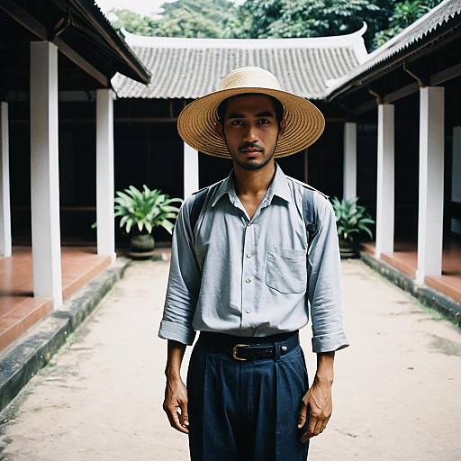 Photograph of a young Asian man with medium skin tone, wearing a white shirt, black pants, and a wide-brimmed straw hat, standing