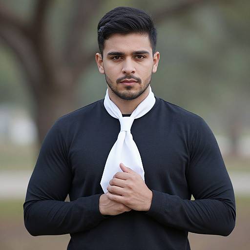 Photograph of a handsome, dark-haired man with a trimmed beard, wearing a black long-sleeve shirt and white tie, standing outdoors with a
