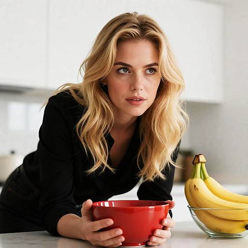 Blonde Woman in Kitchen with Red Bowl