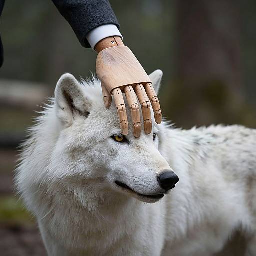Photograph of a white wolf with soft fur, being gently petted on the head by a robotic wooden hand in a forest.