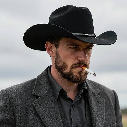 Rugged Man in Cowboy Hat Smoking Cigarette