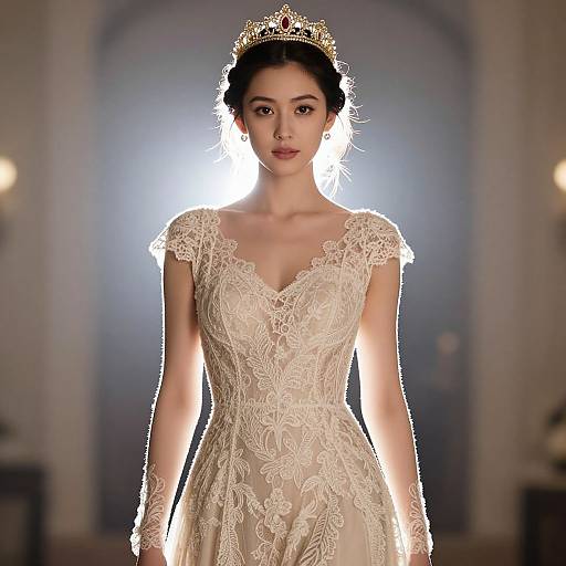 Photograph of an elegant Asian woman with fair skin, dark hair in an updo, wearing a white lace wedding dress and gold tiara, illuminated