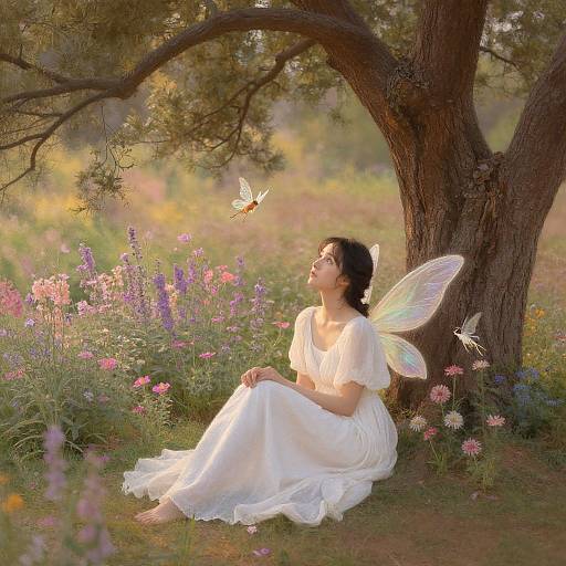 Photograph of a fair-skinned woman with black hair, wearing a white dress and fairy wings, sitting under a tree, surrounded by colorful flowers,