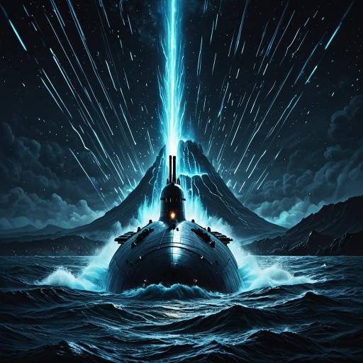 Submarine Surfacing Near Glowing Volcano