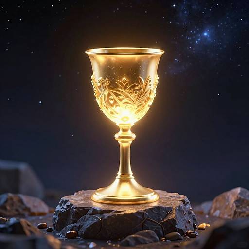 Photograph of a glowing, ornate gold chalice with floral engravings, illuminated against a starry night sky, standing on a rocky surface