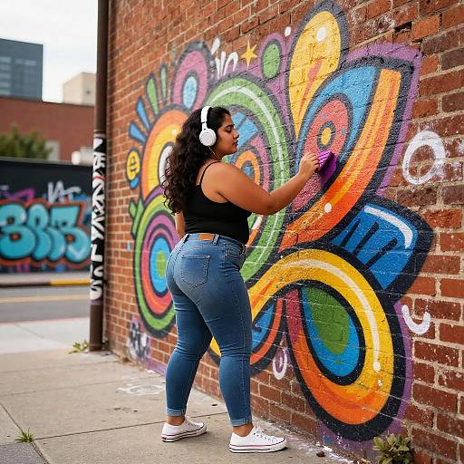 Photograph of a curvy woman with long curly hair, wearing a black tank top, blue jeans, white sneakers, and white headphones, painting vibrant