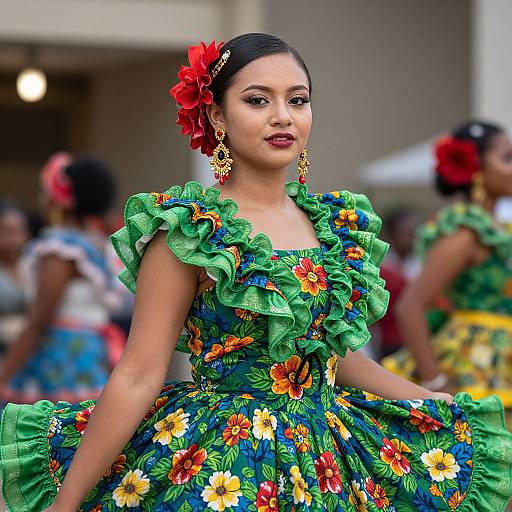 Photograph of a Latina woman in vibrant green floral dress with ruffles, red flower hair accessory, and gold earrings, standing confidently outdoors with blurred background