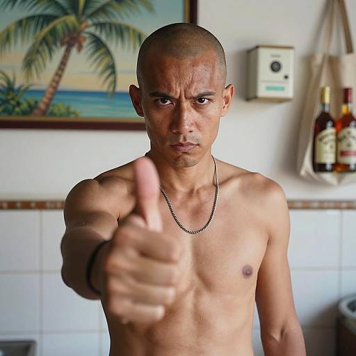 Intense Shirtless Man in Tiled Room