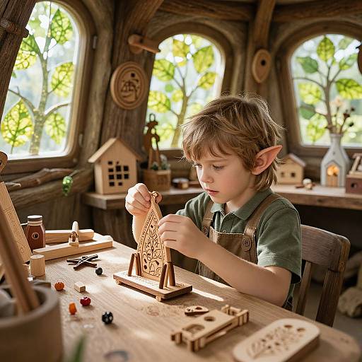Young boy with elf ears, wearing green shirt and brown overalls, meticulously builds wooden maze in sunlit, rustic wooden cottage workshop.