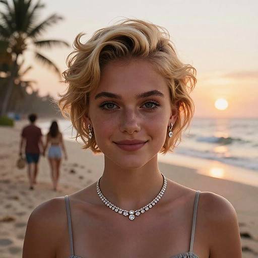 Photograph of a blonde woman with short, wavy hair, wearing a silver necklace and earrings, smiling on a beach at sunset, with palm trees