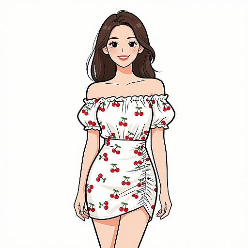 Digital illustration of a smiling Asian woman with long brown hair, wearing an off-shoulder white dress with red cherry patterns.
