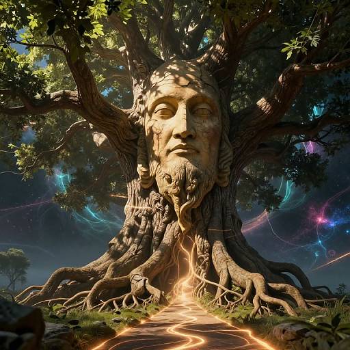 Digital artwork of a massive tree with a human face, glowing eyes, and beard, surrounded by vibrant, colorful auroras and a glowing pathway.