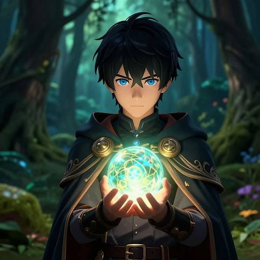Digital anime-style drawing of a young male with black hair and blue eyes, holding a glowing blue orb in a mystical forest.