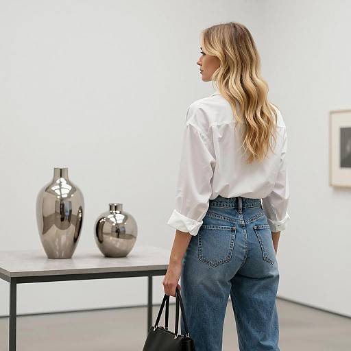 Chic Woman in Minimalist Gallery
