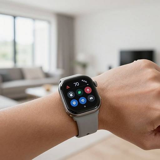 Photograph of a light-skinned male wrist wearing a gray smartwatch with colorful buttons in a bright, modern living room.